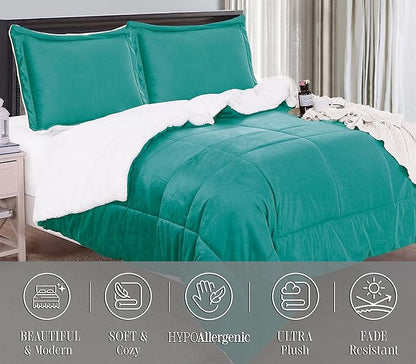 Elegant Comfort Super Soft Sherpa Comforter 3-Piece Set Premium Quality, Heavy Weight Reversible Down Alternative Micro-Suede, Sherpa Comforter, Queen, Tropical Teal
