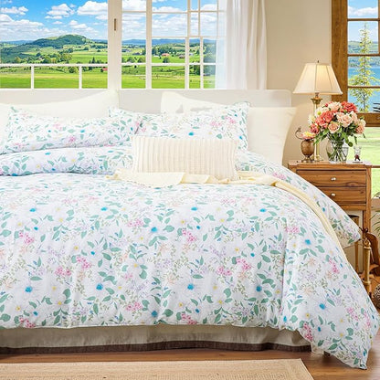 King Floral Comforter Set 100% Cotton Comforter 3 Pieces Green Leaves and Pink Floral Bedding Set Lightweight Soft Reversible Bedding for All Season