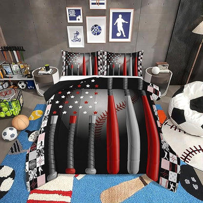 Erosebridal Baseball Comforter Set Twin,Softball American Flag Duvet Insert for Kids Boys Girls,Sports Game Duvet Insert Bedroom Decor,Geometric Stars Striped Down Comforter with 1 Pillow Sham