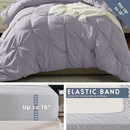 Nestl Twin XL Comforter Set 5 Piece - Pintuck Twin XL Bedding Set Grey Lavender, College Dorm Essentials Bed in a Bag, Twin XL Comforter Set for College Girls and Boys with Sheets, Pillowcase and Sham