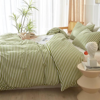 mixinni Striped Comforter Set King Size - Green White Stripes Pattern Bed Set for All Season, 3 Pieces Lightweight Bedding Comforter Sets for All Seasons (1 Soft Fluffy Comforter + 2 Pillowcases)
