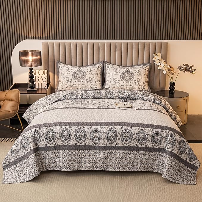 Nordic Style Queen Size Quilt Comforter Sets 3 Pieces Quilts (1 Quilt, 2 Pillow Shams) Nordic Bedding Set Printed Coverlet with Pillowcase Lightweight Bedspread Set for All Seasons(Grey)