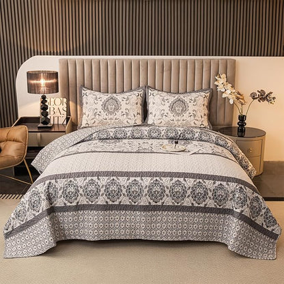Nordic Style Queen Size Quilt Comforter Sets 3 Pieces Quilts (1 Quilt, 2 Pillow Shams) Nordic Bedding Set Printed Coverlet with Pillowcase Lightweight Bedspread Set for All Seasons(Grey)