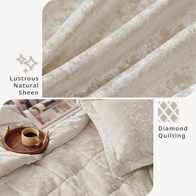 Intelligent Design Queen Comforter Set Velvet Comforters Queen Bedding Reversible, All Season, Diamond Quilted Bedding Microfiber Queen Size Comforters, Felicia, Full/Queen, Champagne 4 Piece