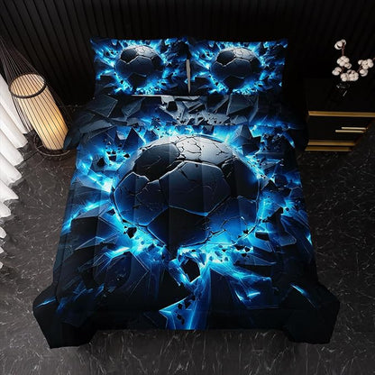 Soccer Bedding Comforter Set Twin Size for Kids Teens and Adults, Blue Black Football Printed Bedding Sets 3 PCS,Ball Sports Themed Bedroom Decor with 1 Comforter and 2 Pillowcases