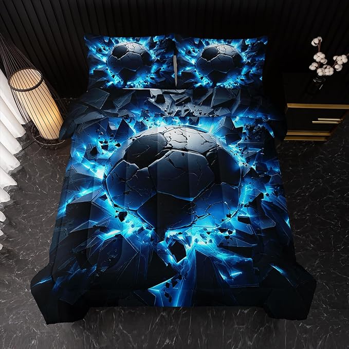Soccer Bedding Comforter Set King Size for Kids Teens and Adults, Blue Black Football Printed Bedding Sets 3 PCS,Ball Sports Themed Bedroom Decor with 1 Comforter and 2 Pillowcases