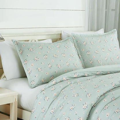 Chezmoi Collection Thistle 3-Piece Tranquil Floral Comforter Set Full - Soft Green White Floral Printed Microfiber Lightweight Bedding Set for All Season
