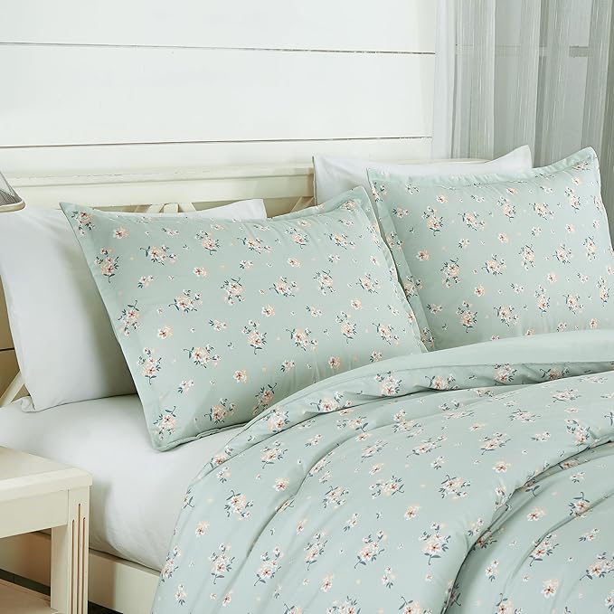 Chezmoi Collection Thistle 3-Piece Tranquil Floral Comforter Set Queen - Soft Green White Floral Printed Microfiber Lightweight Bedding Set for All Season