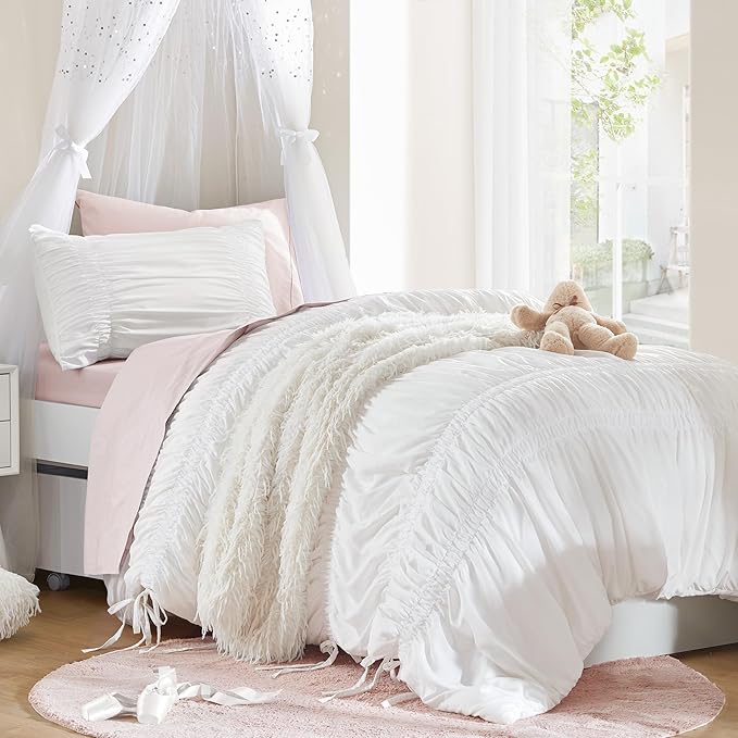 Intelligent Design Twin Comforter Set Ruched Shabby Chic Comforters for Twin Size Bed, All Season Lightweight Comforter Twin, French Country Bedding Set, Sham, Ella, Twin/Twin XL, White, 2 Piece