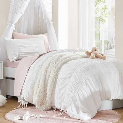 Intelligent Design Twin Comforter Set Ruched Shabby Chic Comforters for Twin Size Bed, All Season Lightweight Comforter Twin, French Country Bedding Set, Sham, Ella, Twin/Twin XL, White, 2 Piece