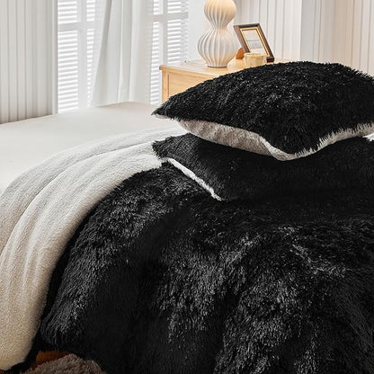 UOZZI BEDDING Black Faux Fur Comforter Set King 3 Pieces - 1 Black Shaggy Comforter Set 104x90 and 2 Pillowcases, Ultra Soft and Easy Care Luxury Plush Shaggy Duvet Set