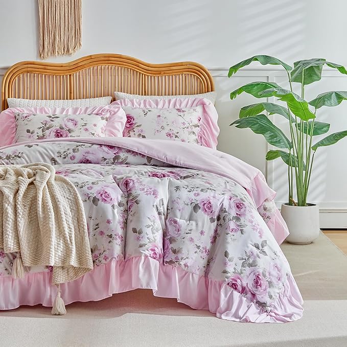 Flower Comforter Set Queen Size 90 * 90in - White Pink Floral Style -3 Pieces Shabby Chic Farmhouse Bedding Set with Ruffled Fringe Rustic Lightweight Botantical Ruffle Comforter with Shams