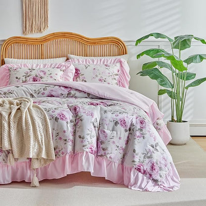 Flower Comforter Set Queen Size 90 * 90in - White Pink Floral Style -3 Pieces Shabby Chic Farmhouse Bedding Set with Ruffled Fringe Rustic Lightweight Botantical Ruffle Comforter with Shams