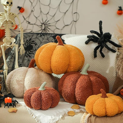 YRXRUS Pumpkin Pillows, Halloween Pumpkin Pillow Set of 2, Brown Throw Pillows Fall Room Decoration, Teddy Fleece 6x12&4x7 Inches Accent Cushion Gifts for Holiday