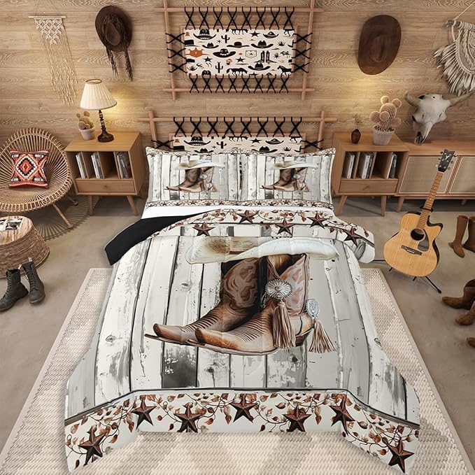 Erosebridal Western Texas Star Comforter Set Twin Size, Rustic Horseshoe Bedding Set Country Wooden Door Quilt for Kids Teens Adult Men Bedroom, Retro Cowboy Farmhouse Bedding Comforter Sets