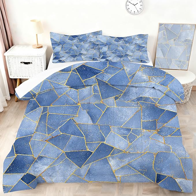 Geometri Marble Comforter Set Full Size Gold Glitter Lines Bedding Set Marbled Geometry Print Bed Set for Bedrom Decor Watercolor Dusty Blue Marbling Quilt Set with 1 Comforter + 2 Pillowcases