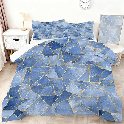Geometri Marble Comforter Set Full Size Gold Glitter Lines Bedding Set Marbled Geometry Print Bed Set for Bedrom Decor Watercolor Dusty Blue Marbling Quilt Set with 1 Comforter + 2 Pillowcases