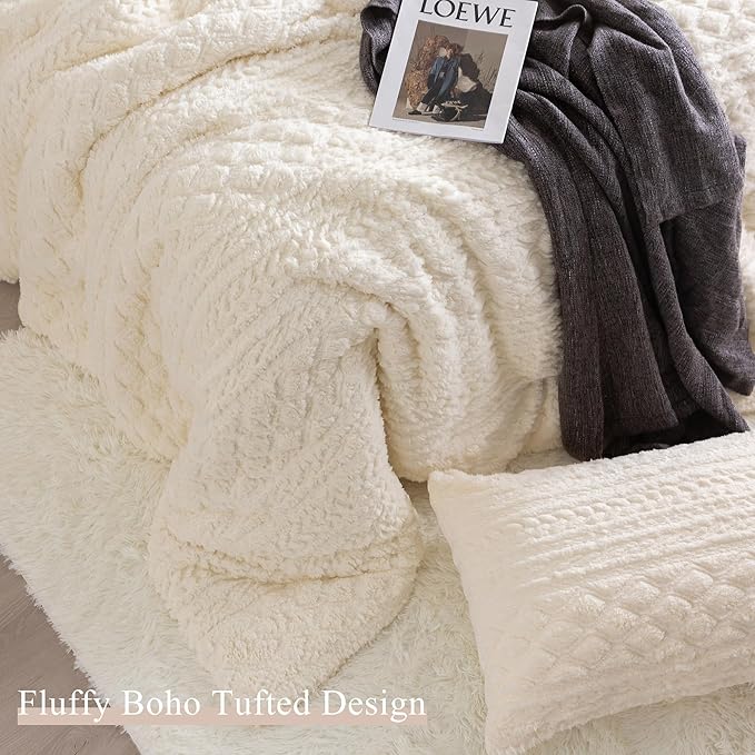 COTTEBED Reversible Sherpa Fluffy Comforter Queen Set, Boho Tufted Full Size Bedding Down Comforter Bed Set, Ultra-Soft Lightweight Washed Cotton Shabby Plush Fleece Sherpa All Season, Off White Ivory