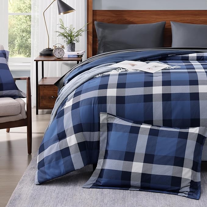 MaiRêve Queen Size Plaid Comforter Set Indigo Blue, Classic Checkered 7 Pieces Farmhouse Bedding Set, All Season Lightweight Bed in A Bag with Sheets, Pillowcases & Shams