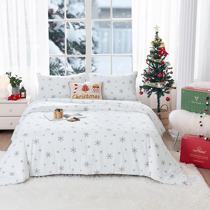 COTTEBED Snowflakes Christmas Comforter Queen, Snow White Warm Winter Comforter Sets Full Size Bedding Down Alternative with Pillowsham, Super Soft Cozy Brushed Lightweight but Warmth Polycotton Gift