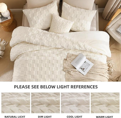 Litanika Fluffy Twin Size Comforter Set Beige, 3 Pieces Warm Sherpa Fleece Winter Bedding Set, Jacquard Checkered Plush Fuzzy Bed Set(1 Comforter, 2 Pillowcases)