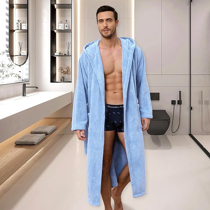 Men's Bathrobes with Hood, Soft Long Towel Robe for Men - Super Absorbent Quick Dry yet Warm