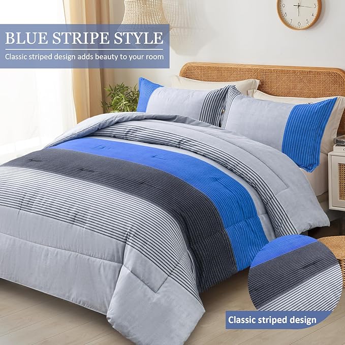 WONGS BEDDING Blue Comforter Set King Reversible Grey Blue Down Alternative Comforter for King Bed,3 Pieces (1 Comforter+2 Pillowcases), Soft Microfiber Bedding Duvet Set 104"×90"