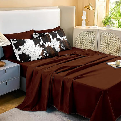 MUGINYU Brown Cowhide Comforter Set King, 8 Pieces Bed in a Bag Black White Cow Skin Print Western Farmhouse Animal Fur Bedding Set