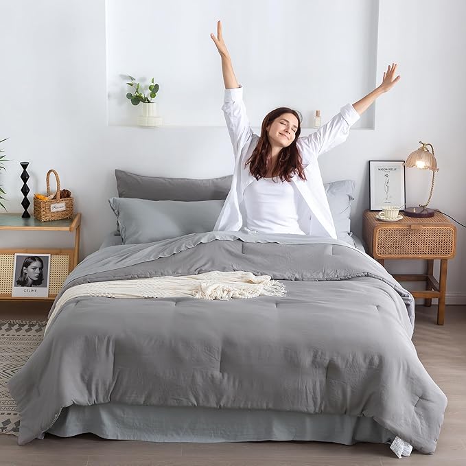 COTTEBED Super Soft King Size Comforter Set with Sheets - 7 Pieces King Bed in A Bag Modern Farmhouse Solid Polycotton Dark Gray Conforter and Light Grey Bedding Sheet Set Pillow Shams All Season Use
