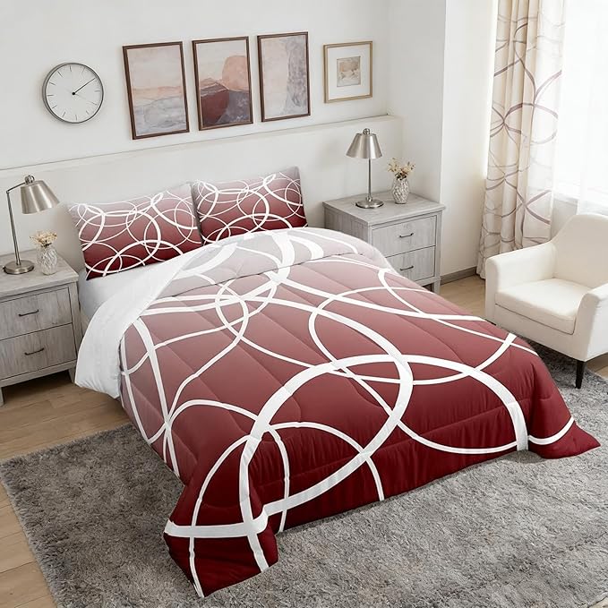 Modern Geometric Circle King Size Comforter Set,Red Gradient Watercolor Decor All Season Bedding Set for Girls,Teens Abstract Stripes Comforter,Simplicity Art Decor Quilt Set Bedroom Collection 3Pcs