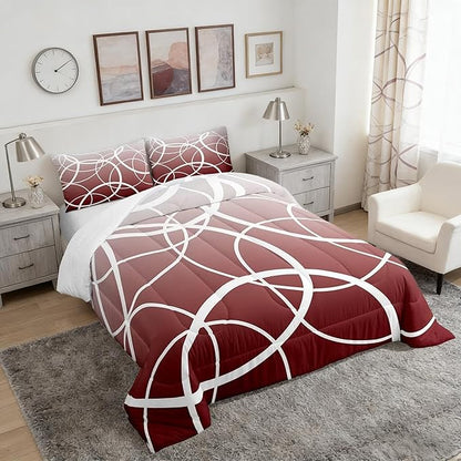 Modern Geometric Circle King Size Comforter Set,Red Gradient Watercolor Decor All Season Bedding Set for Girls,Teens Abstract Stripes Comforter,Simplicity Art Decor Quilt Set Bedroom Collection 3Pcs