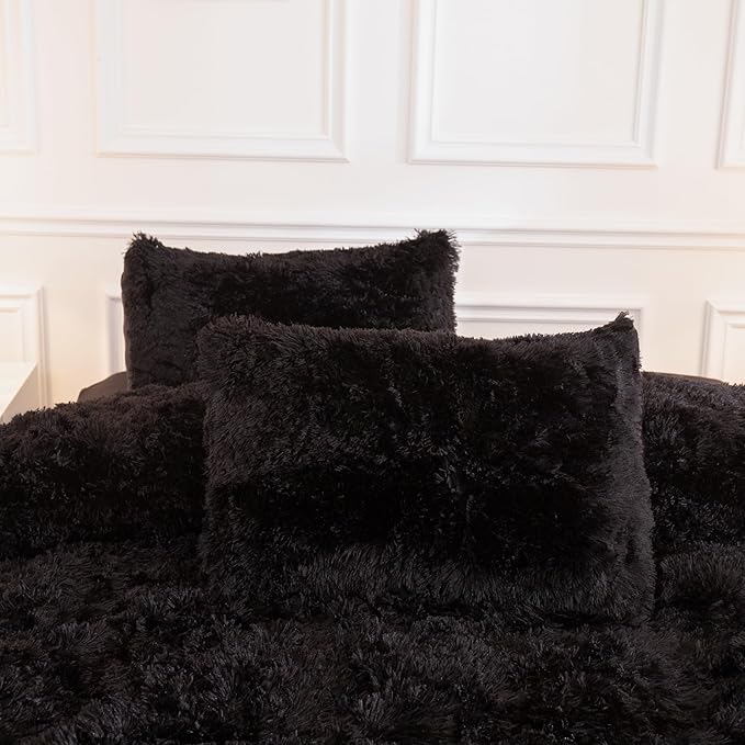 Andency King Size Comforter Set Black, Fluffy Winter Faux Fur Warm Soft Plush Bedding Comforter Set (1 Velvet Comforter & 2 Pillowcases), Fuzzy Thick Heavy Puffy Comforters Bed Set