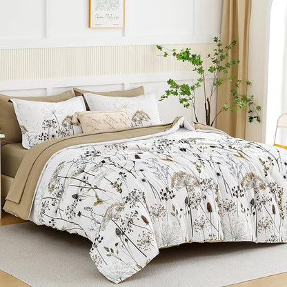 Yiran Khaki Floral Comforter Set King Size, 7 Piece Dandelion Botanical Plant Comforter Bedding Set, Bed in a Bag King, Soft Microfiber Complete Bedding Set with Sheets for All Season