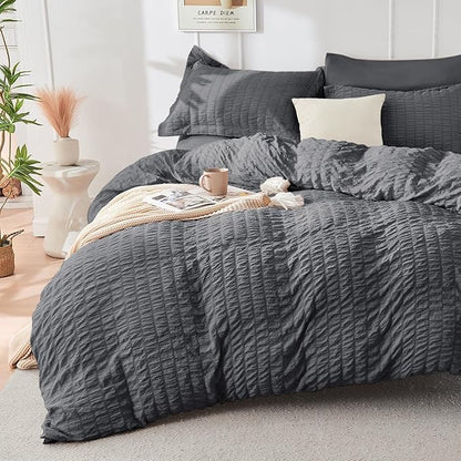HYMOKEGE Twin Comforter Set Seersucker 5 Pieces, All Season Luxury Bed in a Bag for Bedroom, Bedding Set with Comforters, Sheets, Pillowcase & Sham, Dark Grey