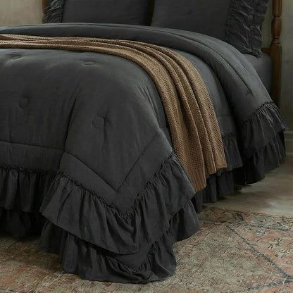 Dark Grey Comforter Set King Boho Bedding Set Shabby Chic 2 Layers Ruffled Bedroom Home Decor Ultra Soft Microfiber Farmhouse Down Comforter Bohemian Quilt Set