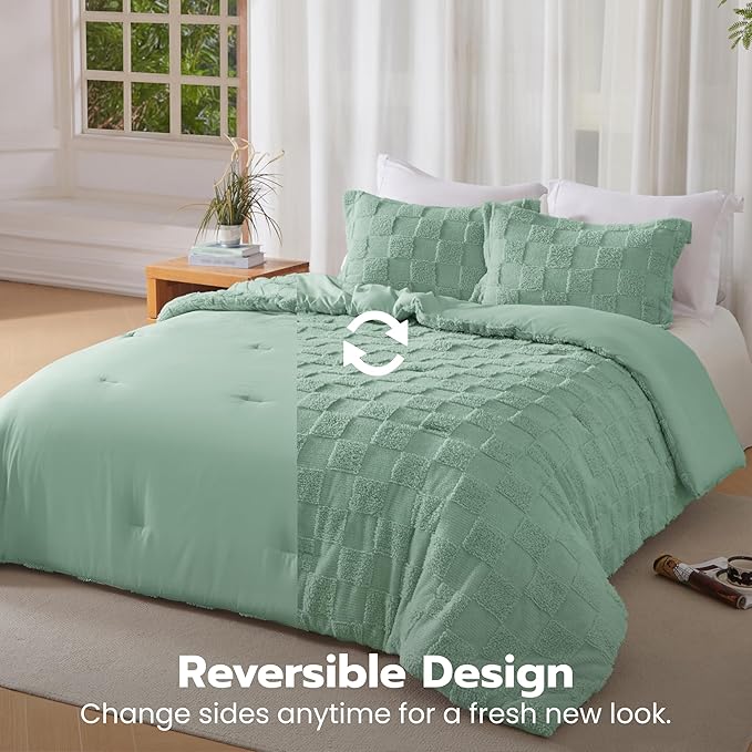 Joiedomi Tufted California King Comforter Set, 3 Pieces Sage Green Boho California King Bedding Set with 1 Plaid Geometric Comforter and 2 Pillow Shams, Checkered Bed in a Bag for All Seasons