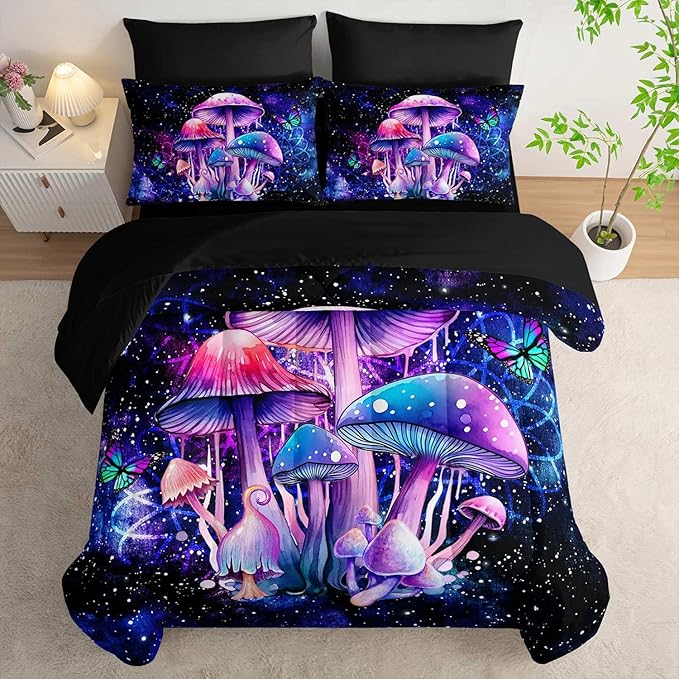 Fantasy Mushrooms Comforter Set Full,Galaxy Fantasy 7 Pieces Bedding Set for Teens Kids,Light Mushroom Bedding Set 7 Piece in A Bag，Mushroom Bed Comforters Bedding Sets for All Season