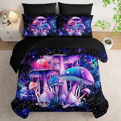 Fantasy Mushrooms Comforter Set Queen,Galaxy Fantasy 7 Pieces Bedding Set for Teens Kids,Light Mushroom Bedding Set 7 Piece in A Bag，Mushroom Bed Comforters Bedding Sets for All Season