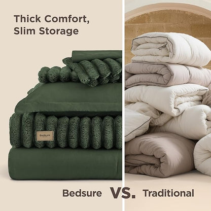 Bedsure Gentlesoft™ 2-in-1 Queen Comforter Set and Detachable Fluffy Blanket, Olive Green Bedding Set for All Season Use, SnapTech™ Design for Space Saving (Includes 2 Pillow Shams, 2 Pillowcases)