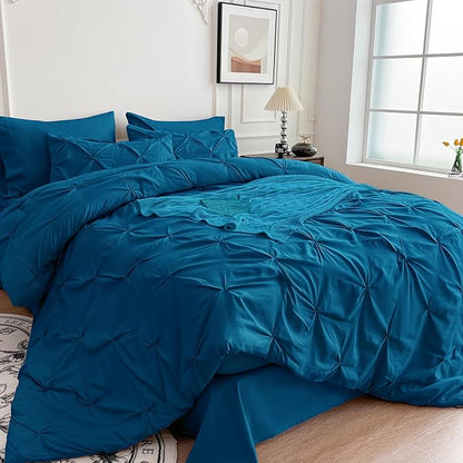 Maple&Stone Queen Teal Comforter Set 7 Pieces Pinch Pleat Bed in A Bag, Flat Sheet, Fitted Sheet, Pillowcases, Pillow Shams, Comforter