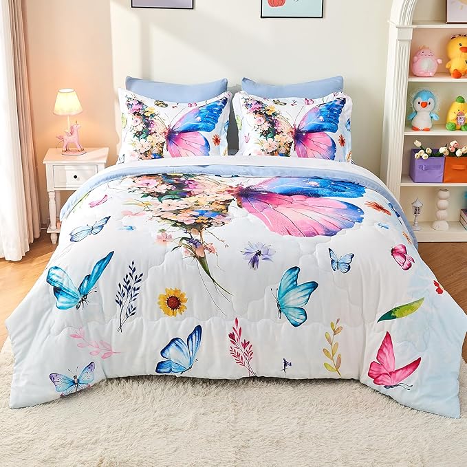 7 Piece Butterfly Comforter Set Queen Size 3D Colorful Floral Butterflies Bedding Set for Kids Girls Women for Birthday