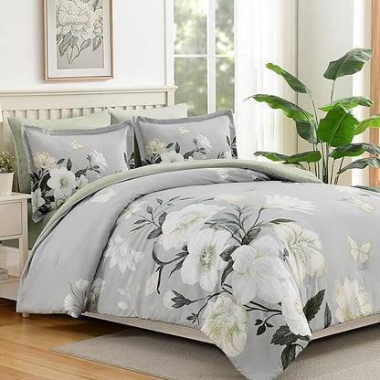 King Size Comforter Set - 7 Pieces Floral Comforter Set, Elegant Sage Green Flower Bed in a Bag King Soft Microfiber Bedding Set for All Seasons (Sage Green,104"x90")