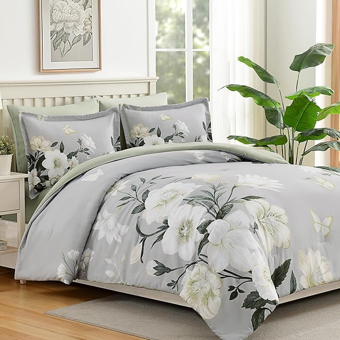 Floral Comforter Set Queen Size,7 Piece Sage Green Bed in a Bag, Elegant Flower Pattern Comforter Set with Sheet, Soft Microfiber Complete Bedding Sets for All Season