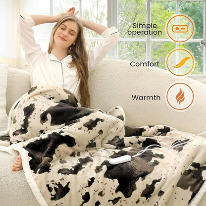 Cow Print Heated Throw Blanket Electric Blanket-Heating Blanket Throw with 10 Heat Levels & 10 Hours Auto-Off, Cozy Soft Fleece Sherpa, Washable, 50 x 60 Inches Cow Print Light Brown