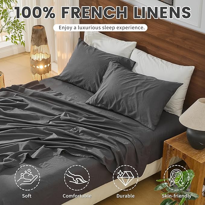 Bedlifes 100% French Pure Linen Sheets California King Size Breathable and Cooling Flax Sheet Set Soft Durable and Moisture Wicking 16 Inch Deep Pocket-4 Piece(Cal King,Dark Grey)