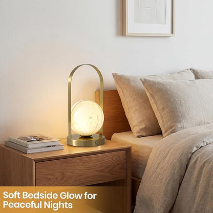 Portable Rechargeable Table Lamp with Marble Pattern Glass Shade – Gold Plated Metal Frame, Cordless LED Desk Light for Bedroom, Nursery, Camping