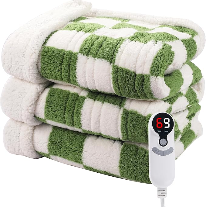 Electric Heated Blanket Full Size 72"×84" with 9 Heating Levels & 1-10Hs Auto Off, Checkered Plaid Double Sided Sherpa, Energy Efficient, Machine Washable, for Couch & Bed, Light Green