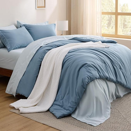 Bedsure Twin Comforter Set - 5 Pieces Grayish Blue Twin Bedding Set for All Seasons, Boho Contrasting Design Bed in a Bag with Comforter, Sheets, Pillowcase & Sham
