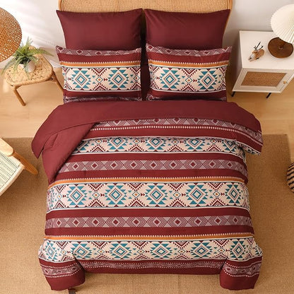 Anibedding Red Comforter Set Queen 7 Pieces Boho Bed in a Bag, Burgundy Aztec Striped Comforter Set with Sheets, Soft Microfiber Reversible Western Bedding Set for All Season