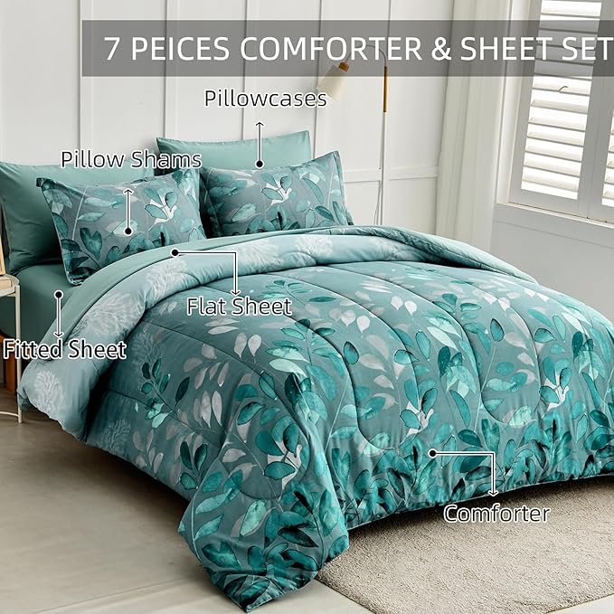 Anibedding Aqua Comforter Set Queen Size, 7 Pieces Botanical Leaves Reversible Soft Microfiber Bed in a Bag with Sheets Set All Season (90"x90")